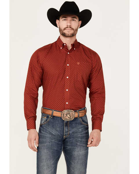 Image #1 - Ariat Men's Kaisen Print Long Sleeve Button-Down Western Shirt, Red, hi-res