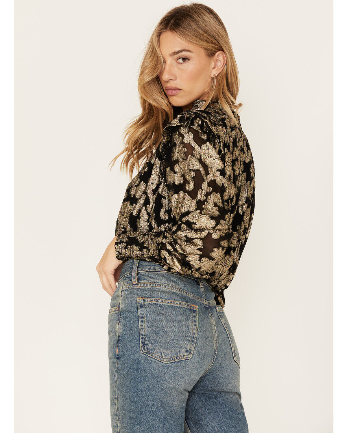 Image #4 - Revel Women's Floral Smocked Waist Top, Black, hi-res