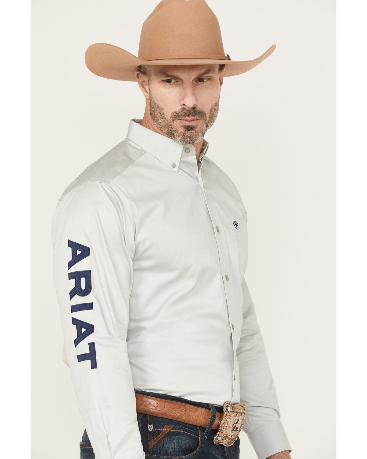 Ariat Men's Team Logo Twill Solid Long Sleeve Button-Down Western Shirt - Big, Light Grey, hi-res