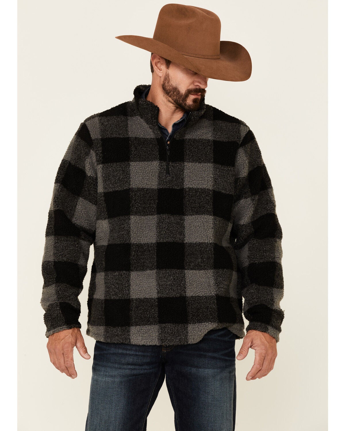 Image #1 - Wrangler Men's Charcoal Large Plaid 1/4 Zip Sherpa Pullover , , hi-res
