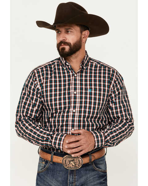 Image #1 - Ariat Men's Gatlin Plaid Print Long Sleeve Button-Down Western Shirt, Wine, hi-res