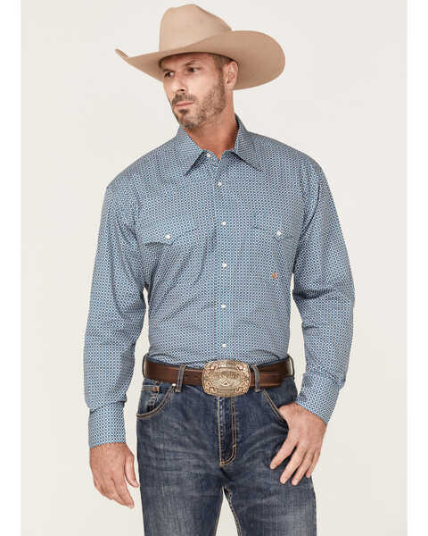 Roper Men's Setting Sun Geo Print Long Sleeve Pearl Snap Western Shirt , Blue, hi-res