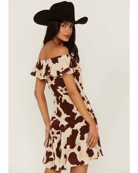 Image #5 - Idyllwind Women's Made For This Off-Shoulder Cow Print Dress, Tan, hi-res