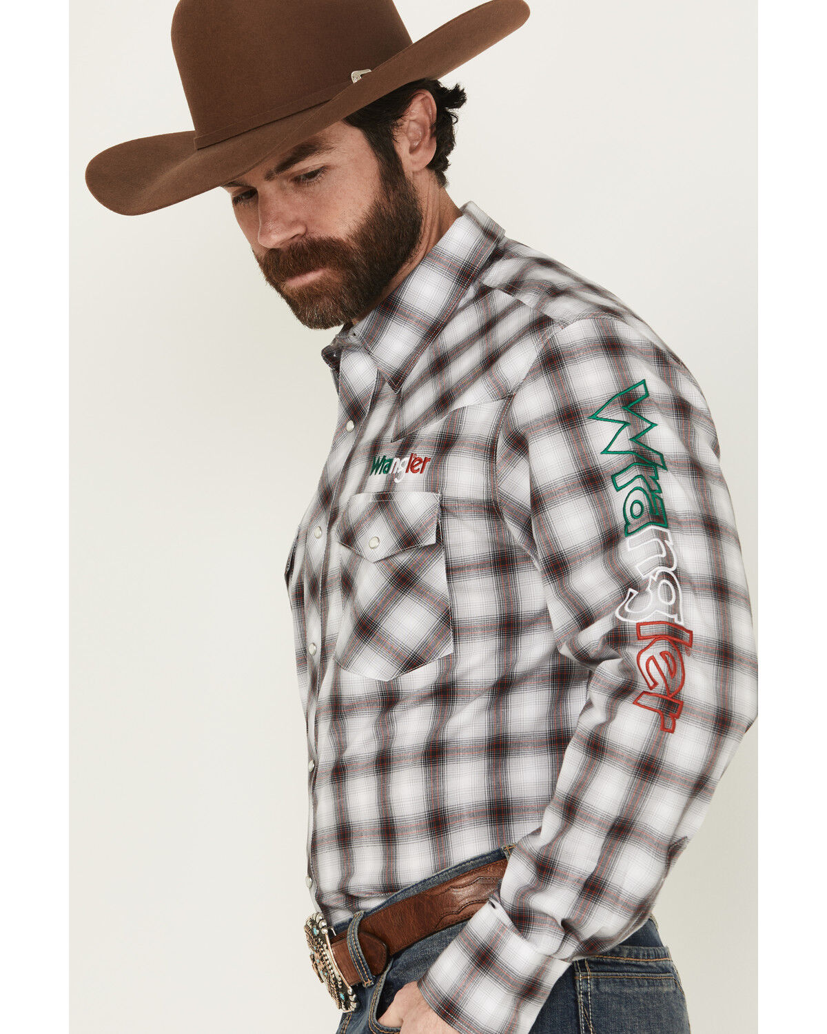 Image #2 - Wrangler Men's Plaid Print Logo Long Sleeve Snap Western Shirt - Tall, Black, hi-res