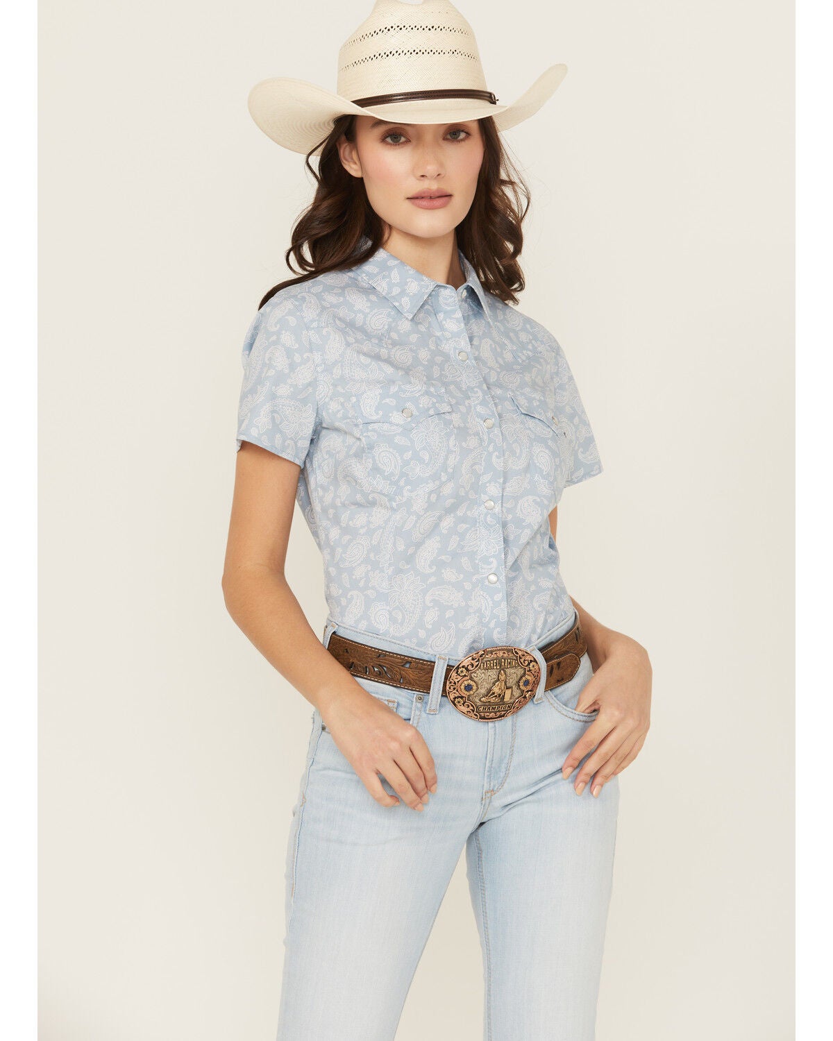 Wrangler Retro Women's Boot Barn Exclusive Paisley Print Short Sleeve Pearl Snap Western Shirt, Blue, hi-res