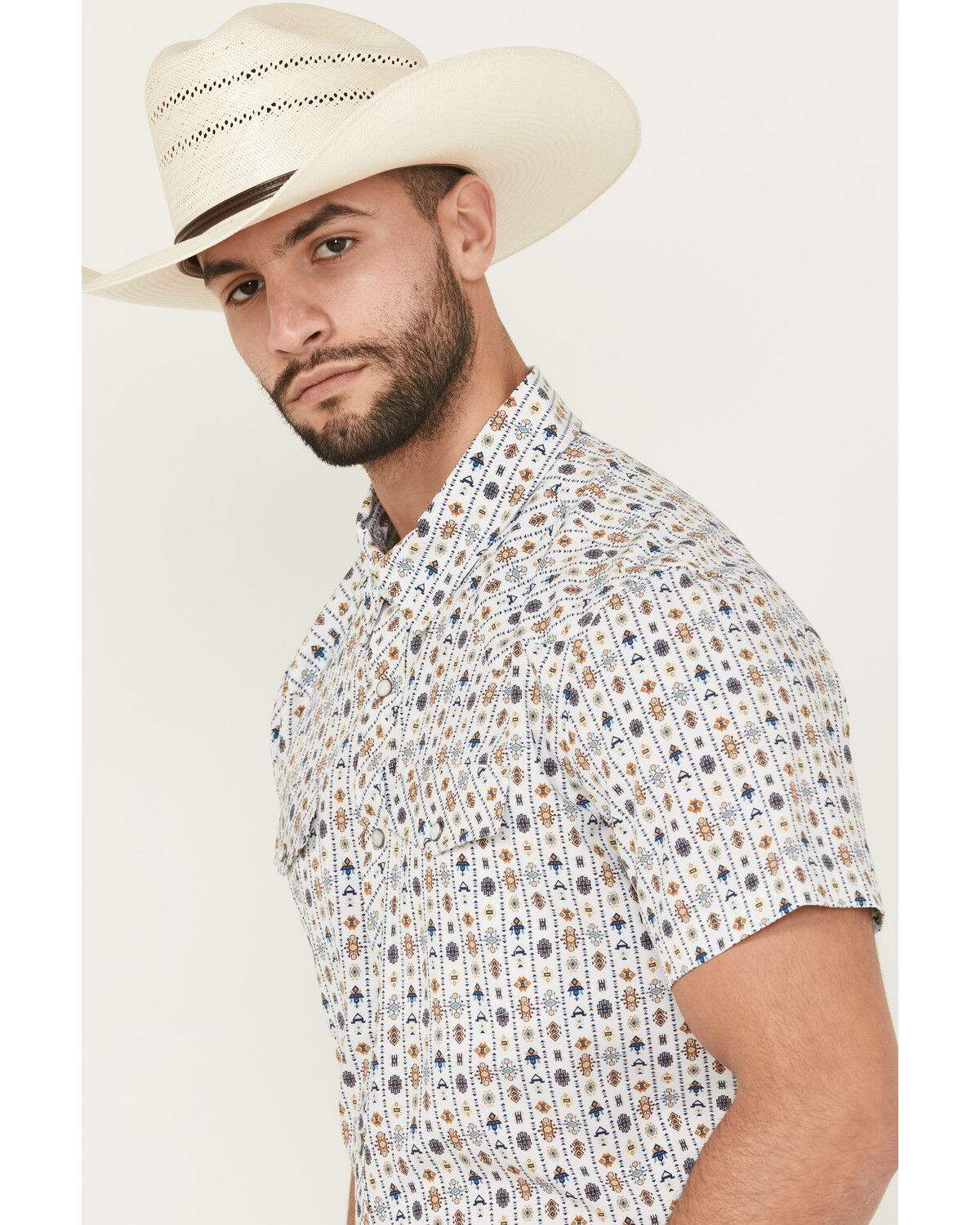 Image #2 - Panhandle Men's Southwestern Wallpaper Print Short Sleeve Snap Performance Western Shirt, White, hi-res