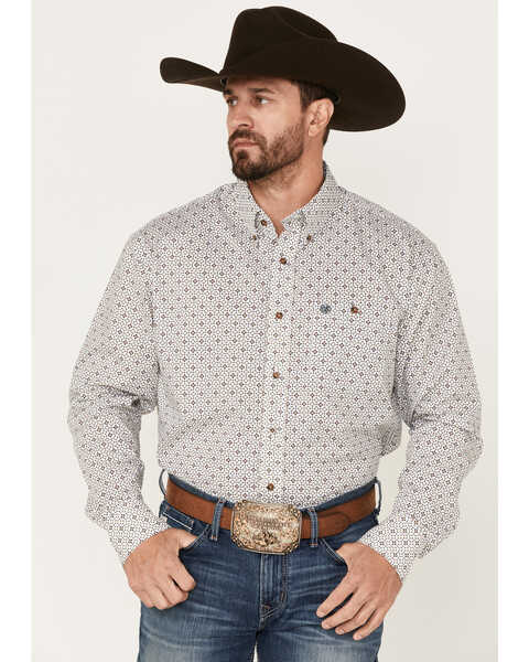 Wrangler Men's Geo Print Long Sleeve Button Down Western Shirt, White, hi-res