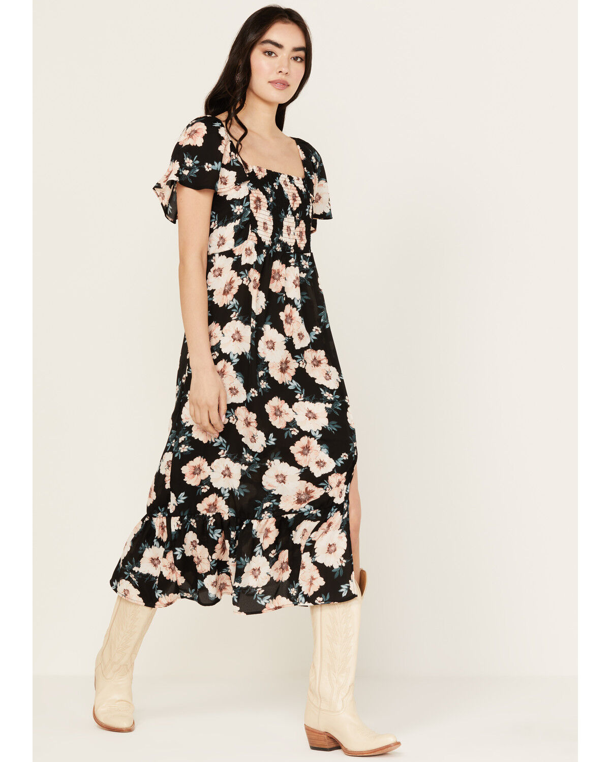 Image #1 - Wild Moss Women's Smocked Front Floral Midi Dress, Black, hi-res