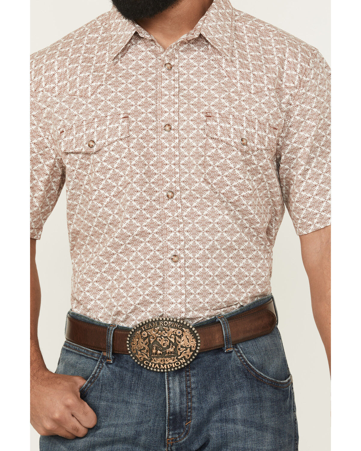Image #3 - Gibson Trading Co Men's Gypsy Medallion Print Short Sleeve Snap Stretch Western Shirt, Brown, hi-res