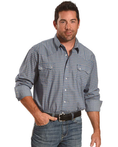Roper Men's Geo Print Long Sleeve Snap Western Shirt , Blue, hi-res