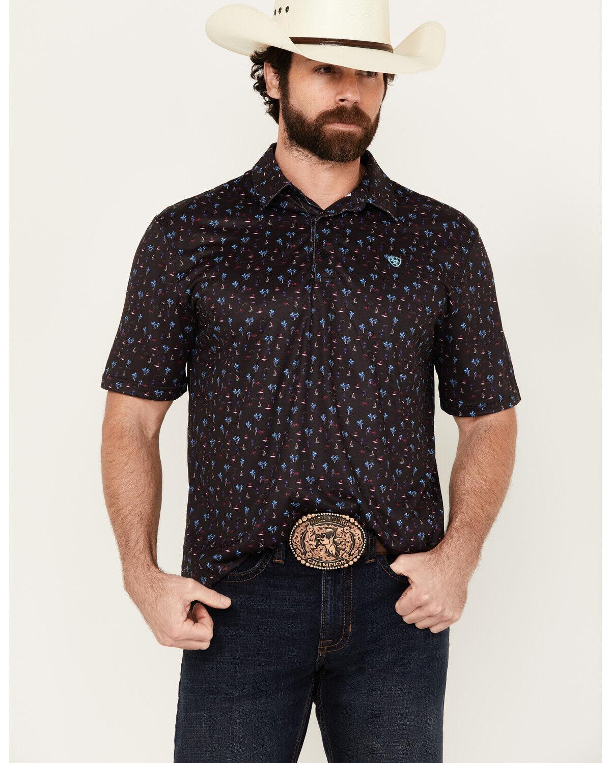 Image #1 - Ariat Men's Palm Tree Print Short Sleeve Performance Polo Shirt, Black, hi-res