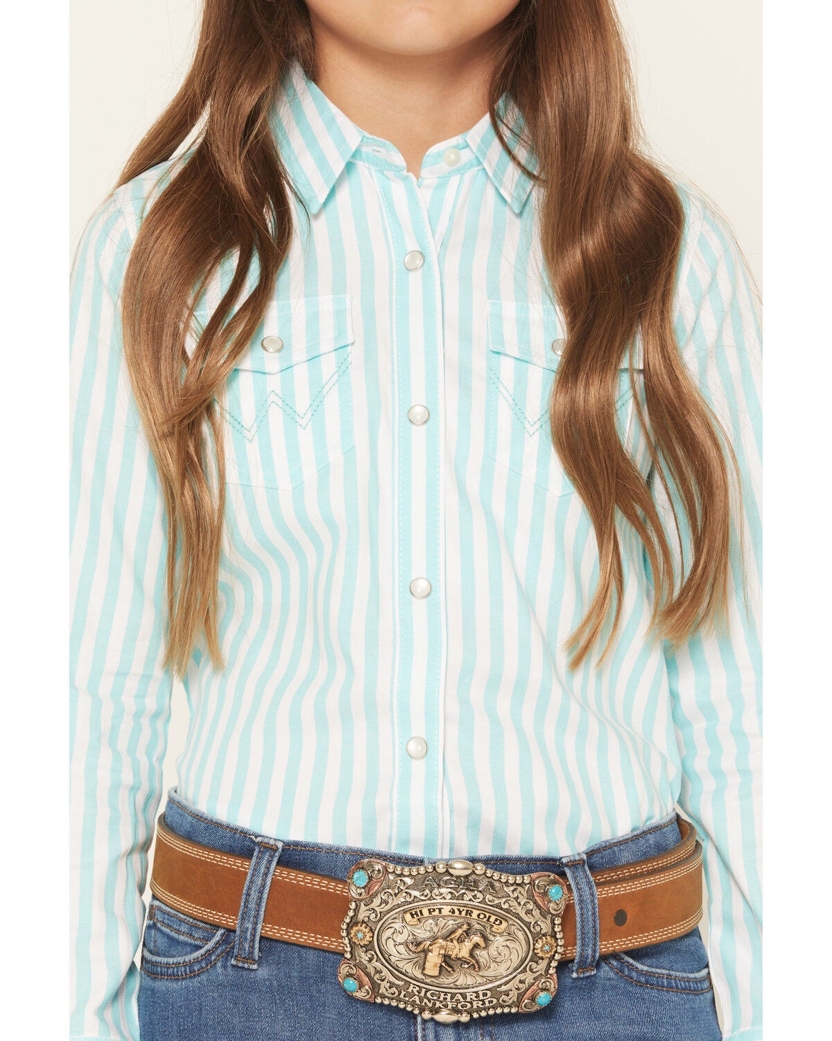 Image #3 - Wrangler Girls' Striped Long Sleeve Pearl Snap Western Shirt, Teal, hi-res