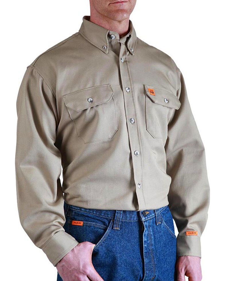 Wrangler Men's Flame Resistant Long Sleeve Work Shirt - Big , Beige/khaki, hi-res