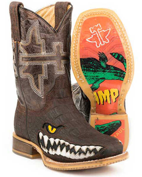Tin Haul Youth Boys' Swamp Chomp Western Boots - Square Toe, Brown, hi-res