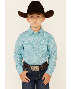 Cody James Boys' Bronco Floral Print Long Sleeve Snap Western Shirt , Blue, hi-res