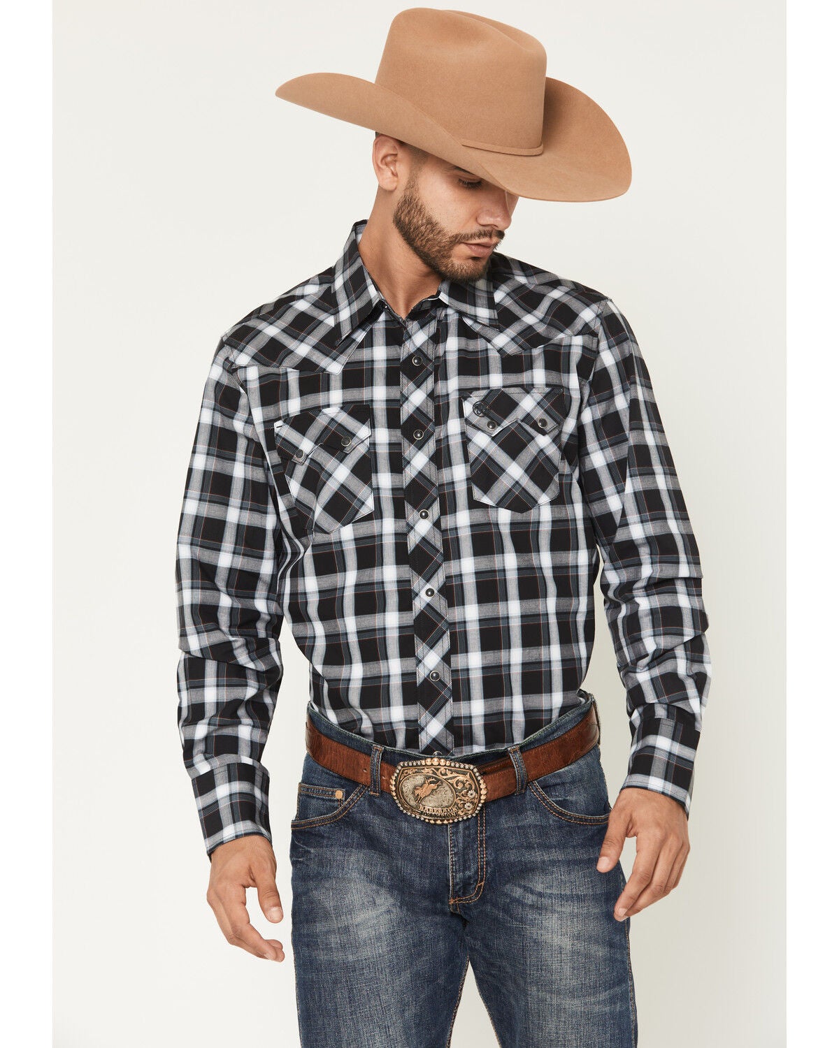 Image #1 - Wrangler Retro Men's Plaid Print Long Sleeve Snap Western Shirt, Black, hi-res