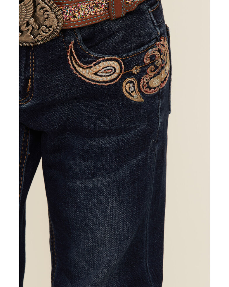 Grace In LA Girls' Dark Paisley Embroidered Pocket Bootcut Jeans , Blue, hi-res