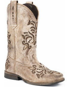 Roper Girls' Belle Floral Filigree Cutout Cowgirl Boots - Round Toe, Tan, hi-res
