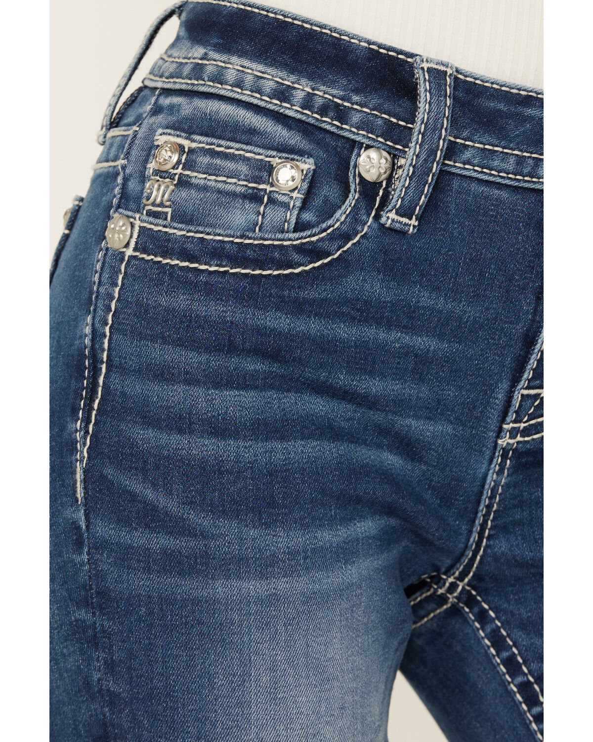 Image #4 - Miss Me Women's Dark Wash Mid Rise Faux Cowhide Longhorn Bootcut Stretch Denim Jeans, Dark Wash, hi-res