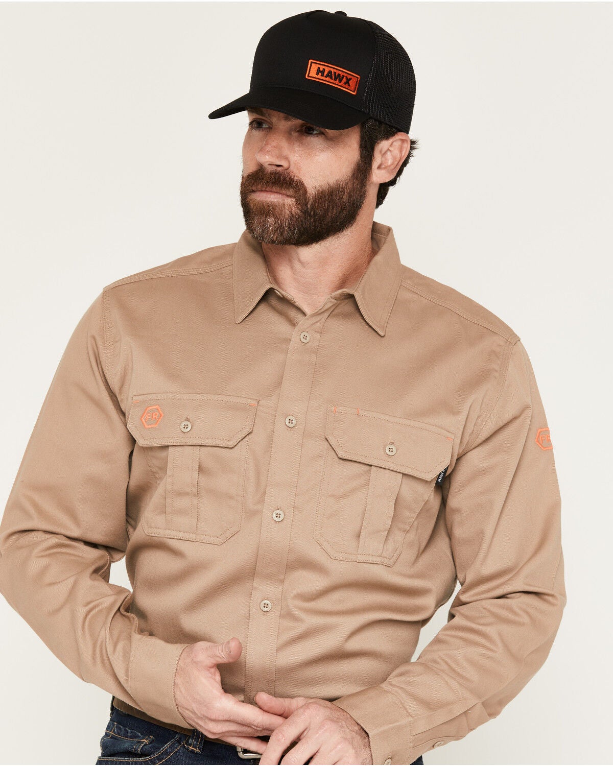 Hawx Men's FR Woven Long Sleeve Button-Down Work Shirt - Tall, Khaki, hi-res