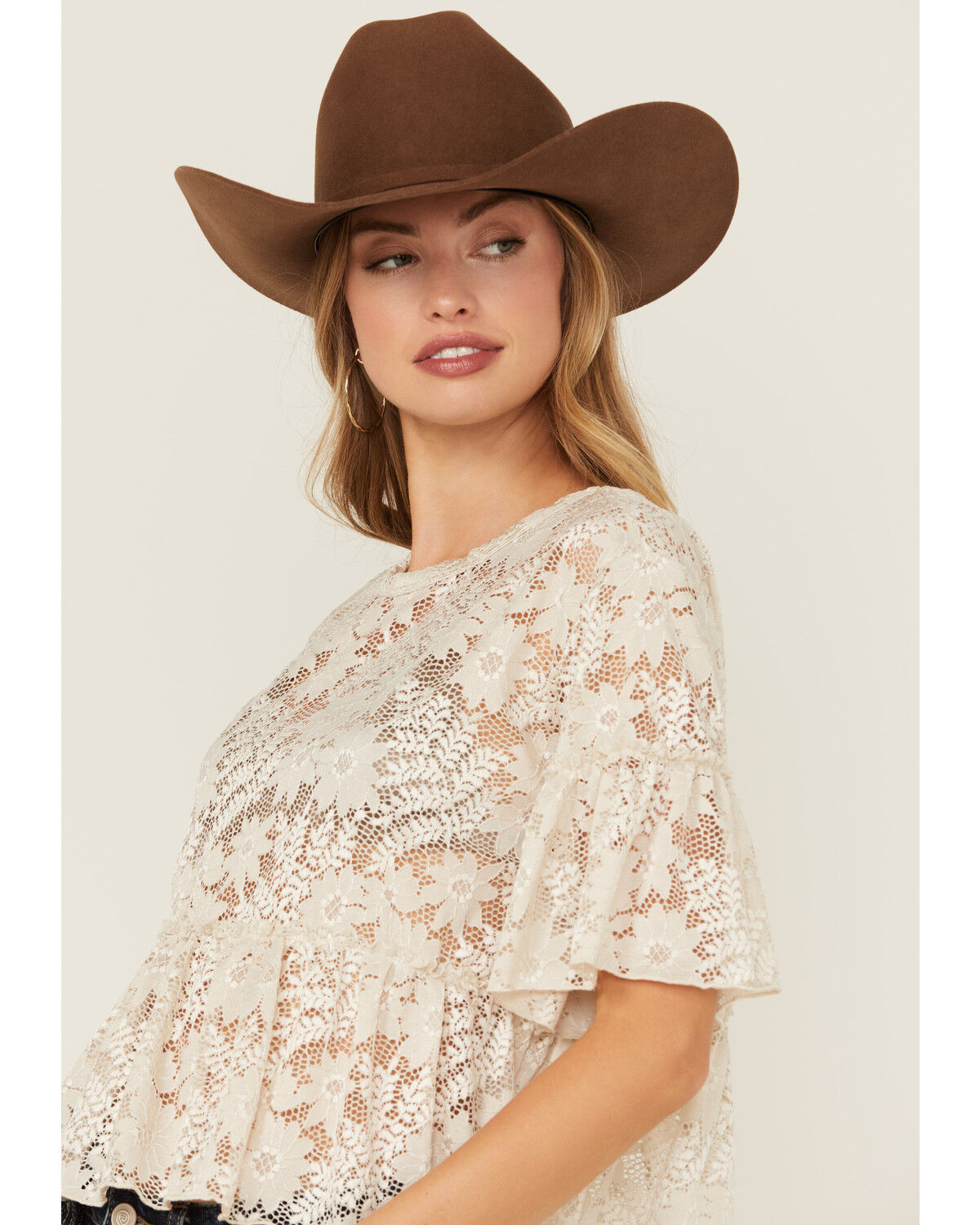 Image #2 - Originality Women's Lace Ruffle Short Sleeve Top, Stone, hi-res