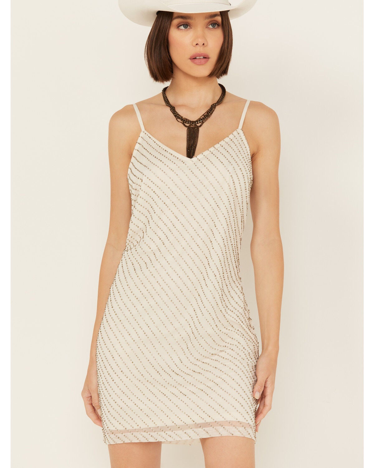 Wonderwest Women's Birch Cowl Neck Beaded Mesh Mini Dress, Cream, hi-res