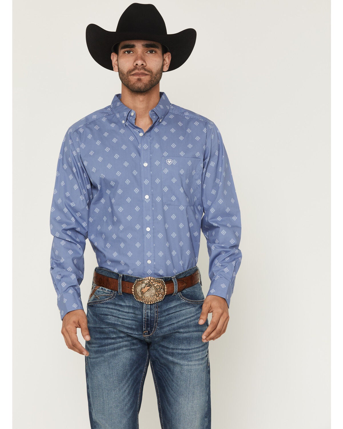 Ariat Men's Byrd Geo Print Fitted Long Sleeve Button-Down Western Shirt, Blue, hi-res