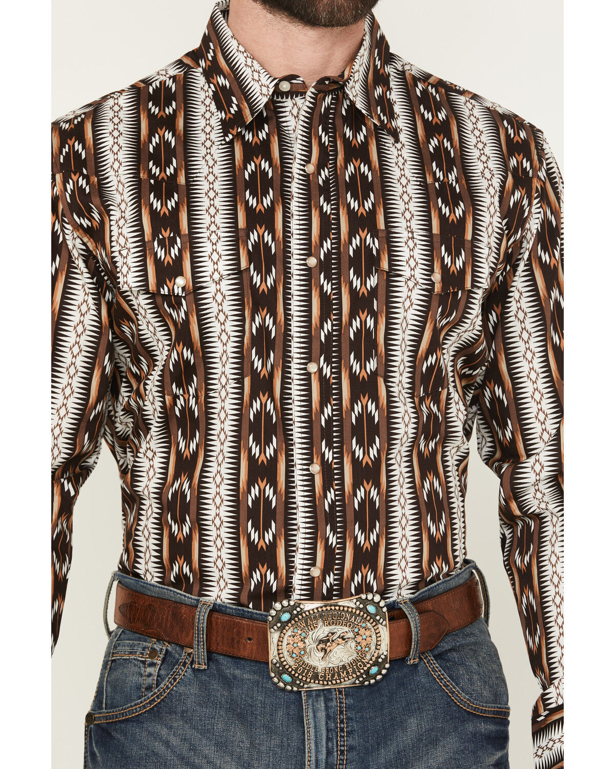 Image #3 - Wrangler Men's Checotah Southwestern Striped Print Long Sleeve Pearl Snap Western Shirt - Big, Brown, hi-res