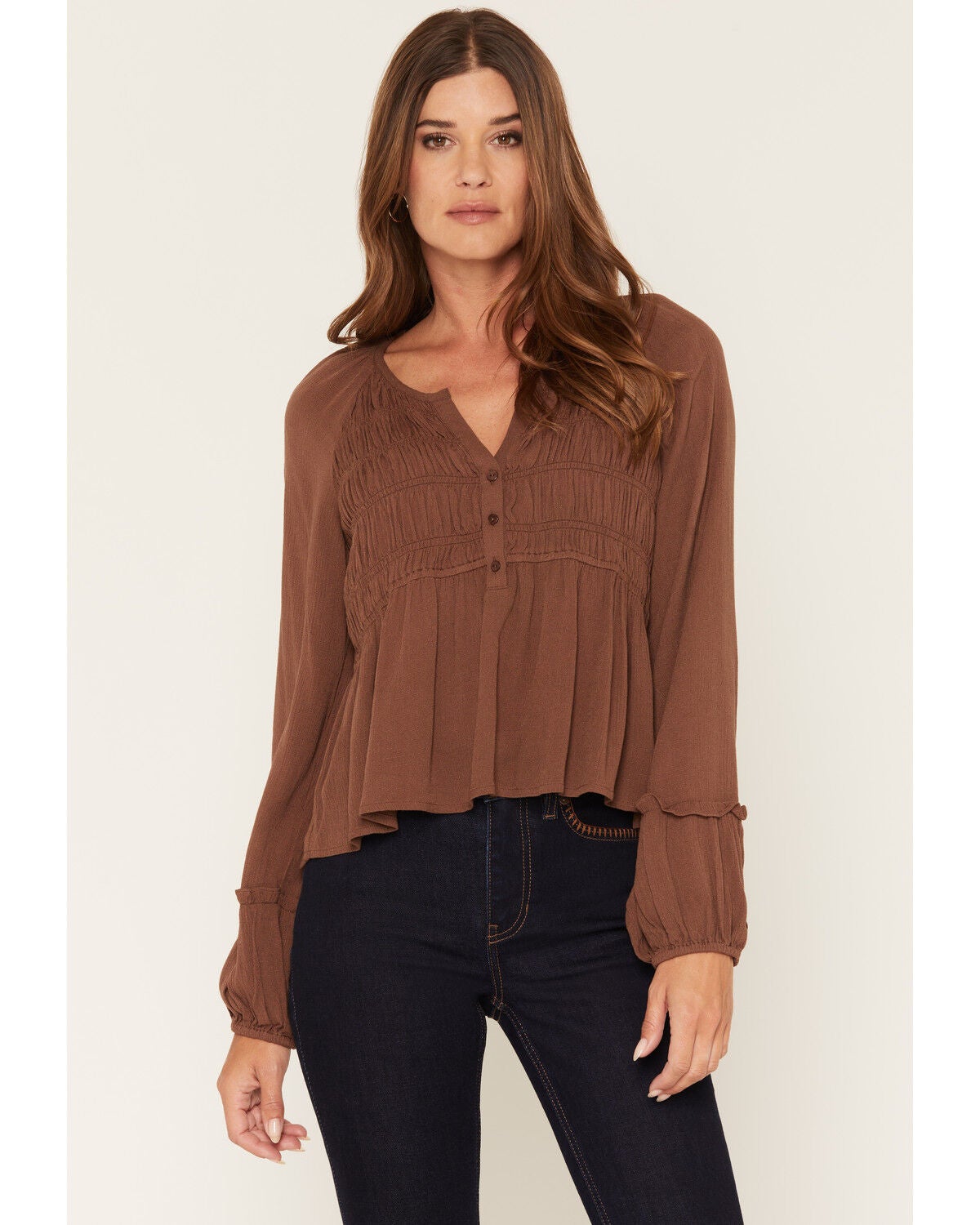 Lovestitch Women's Rouched Front Long Sleeve Top, Brown, hi-res