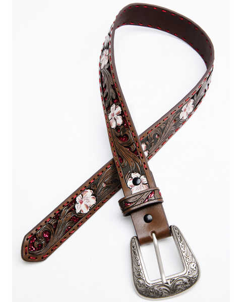 Image #2 - Shyanne Girls' Tooled Floral Glitter Underlay Belt, Brown, hi-res