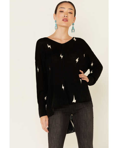 Revel Women's Black Lightening V-Neck Pullover Sweater , Black, hi-res