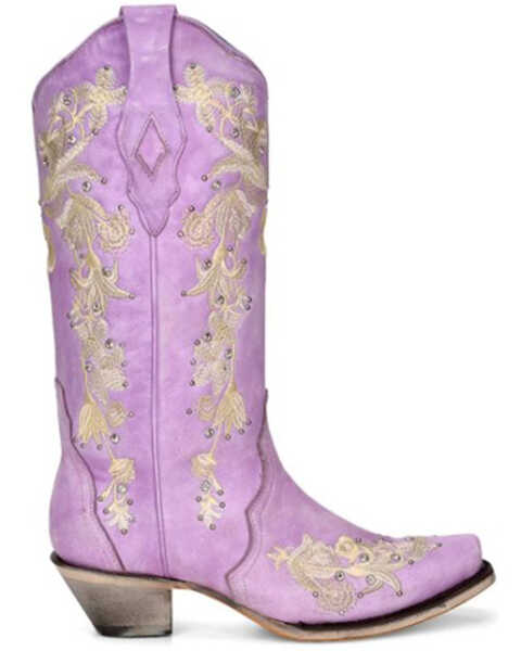 Image #2 - Corral Women's Embroidered Floral & Crystal Studded Tall Western Boots - Snip Toe, Light Purple, hi-res