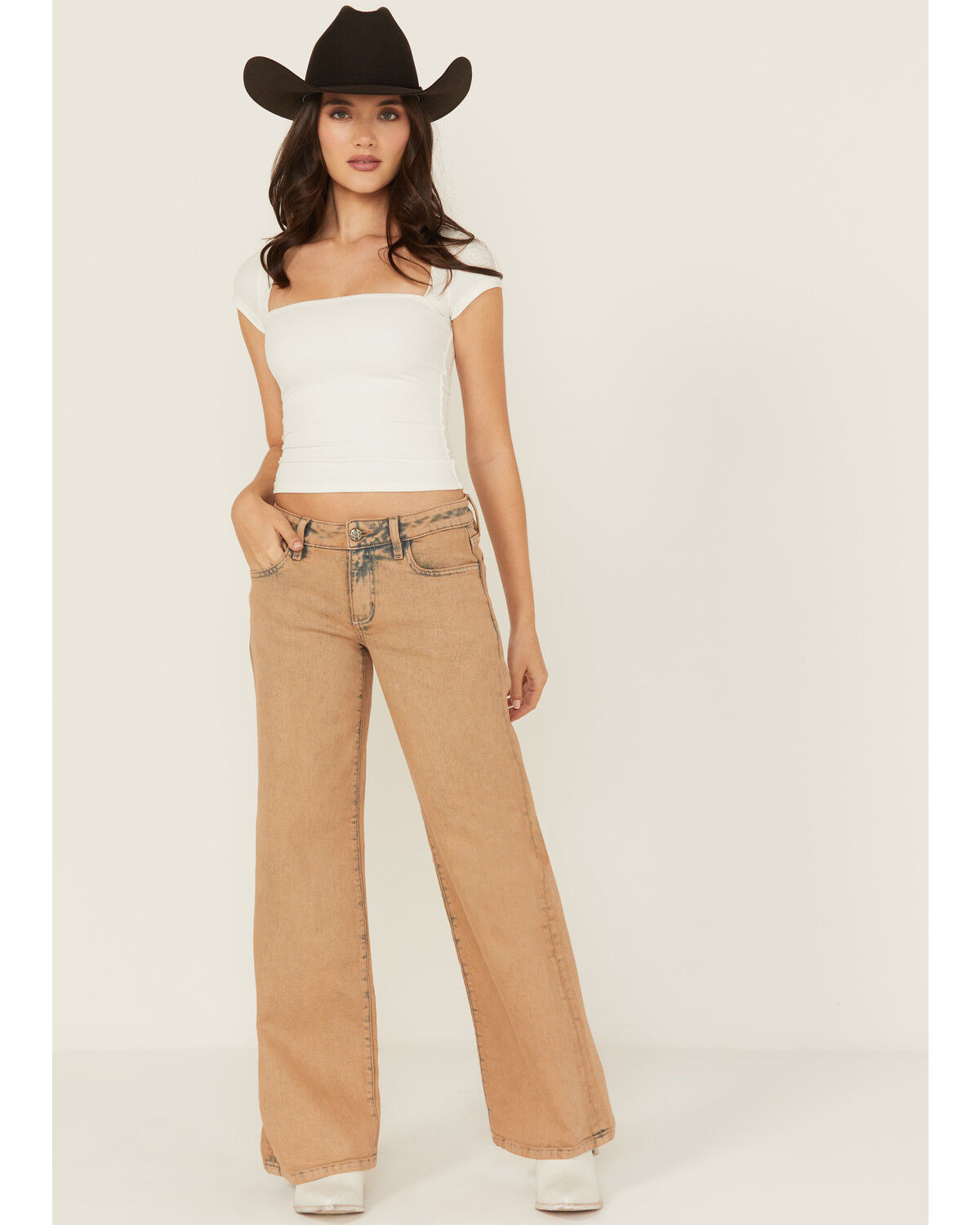 Image #1 - Miss Me Women's Mid Rise Wide Leg Stretch Denim Jeans, Brown, hi-res