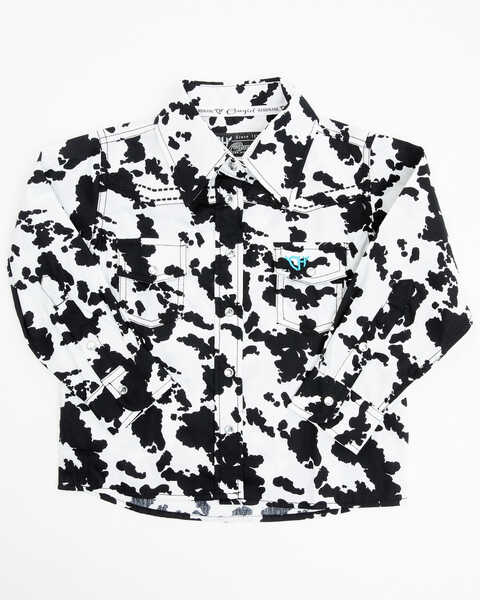 Image #1 - Cowgirl Hardware Toddler Girls' Cow Print Long Sleeve Rhinestone Snap Western Shirt , Black, hi-res