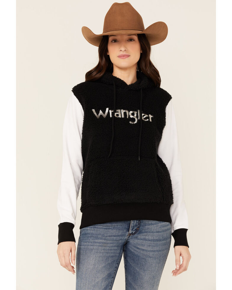Wrangler Women's Black Logo Sherpa Pullover Hoodie , Black, hi-res