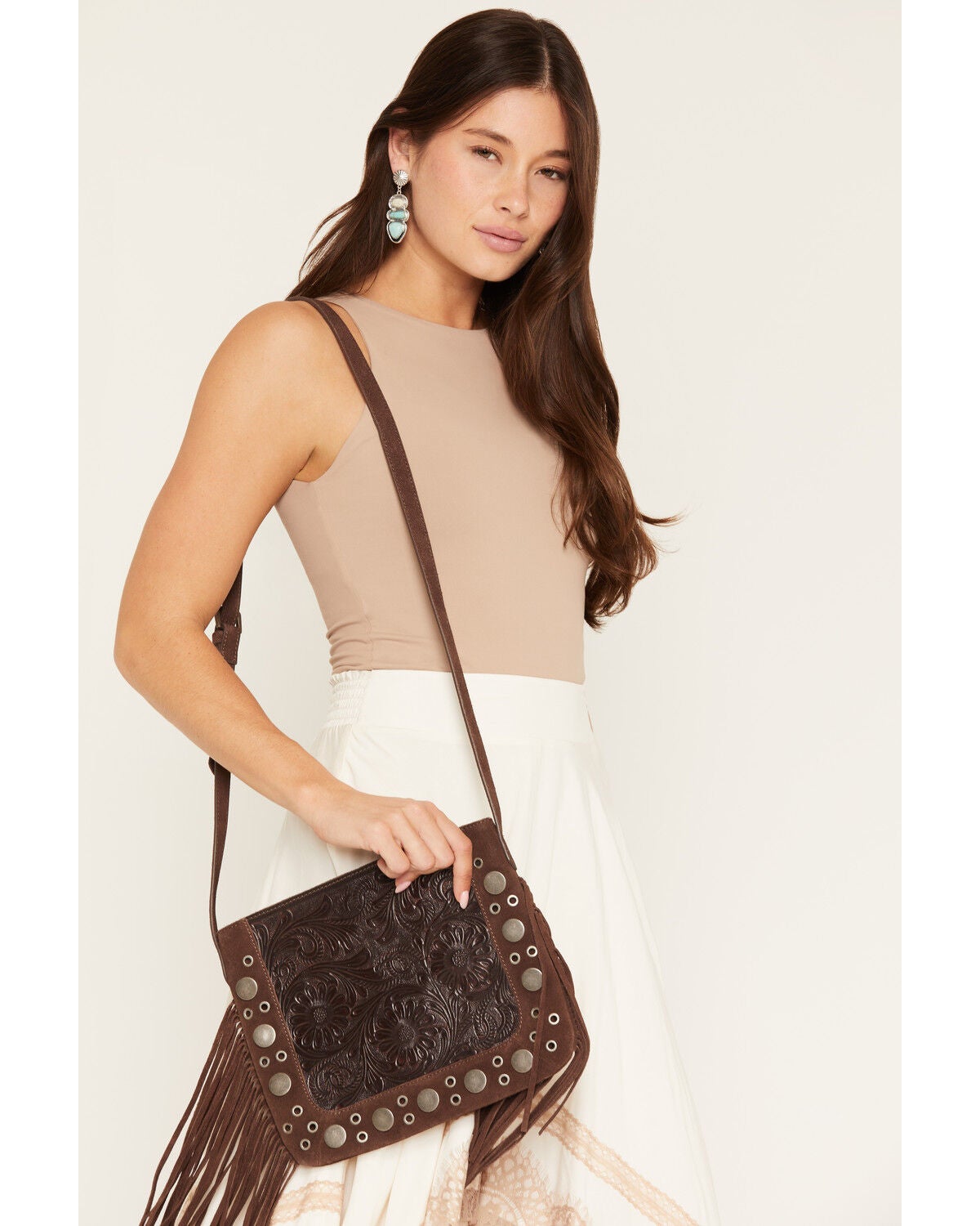 Image #1 - Shyanne Women's Briarwood Fringe Tooled Crossbody Bag, Brown, hi-res