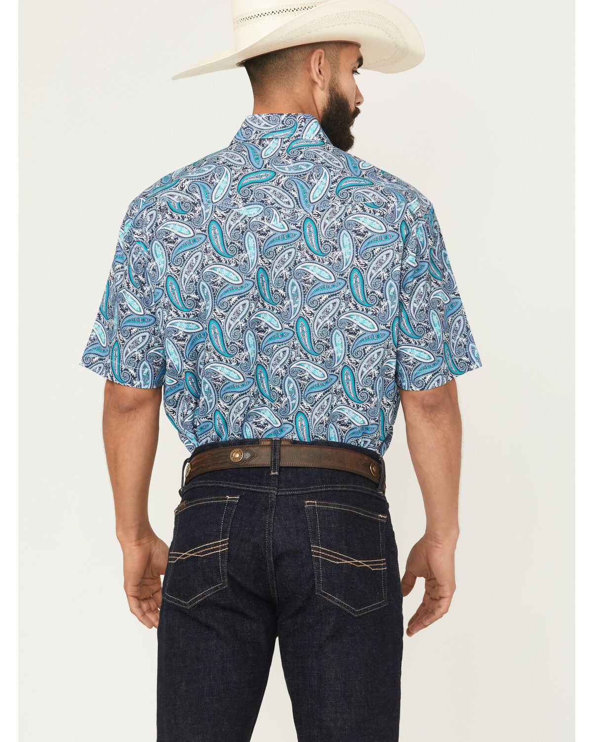 Image #4 - Roper Men's Amarillo Paisley Short Sleeve Pearl Snap Western Shirt, Blue, hi-res