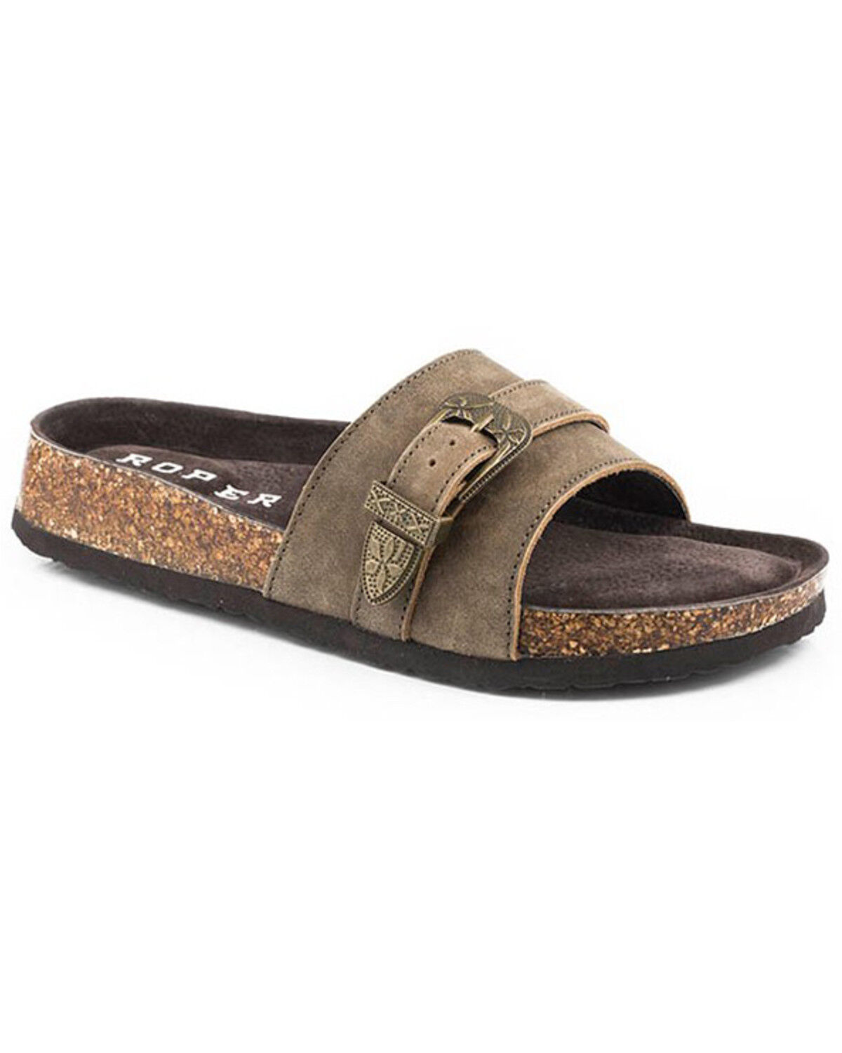 Image #1 - Roper Women's Phoenican Vintage Leather Buckle Slide Sandal, Brown, hi-res