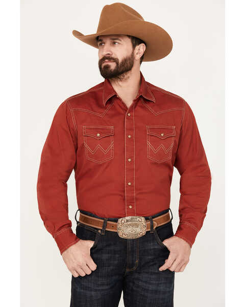 Wrangler Retro Men's Premium Solid Long Sleeve Snap Western Shirt, Red, hi-res