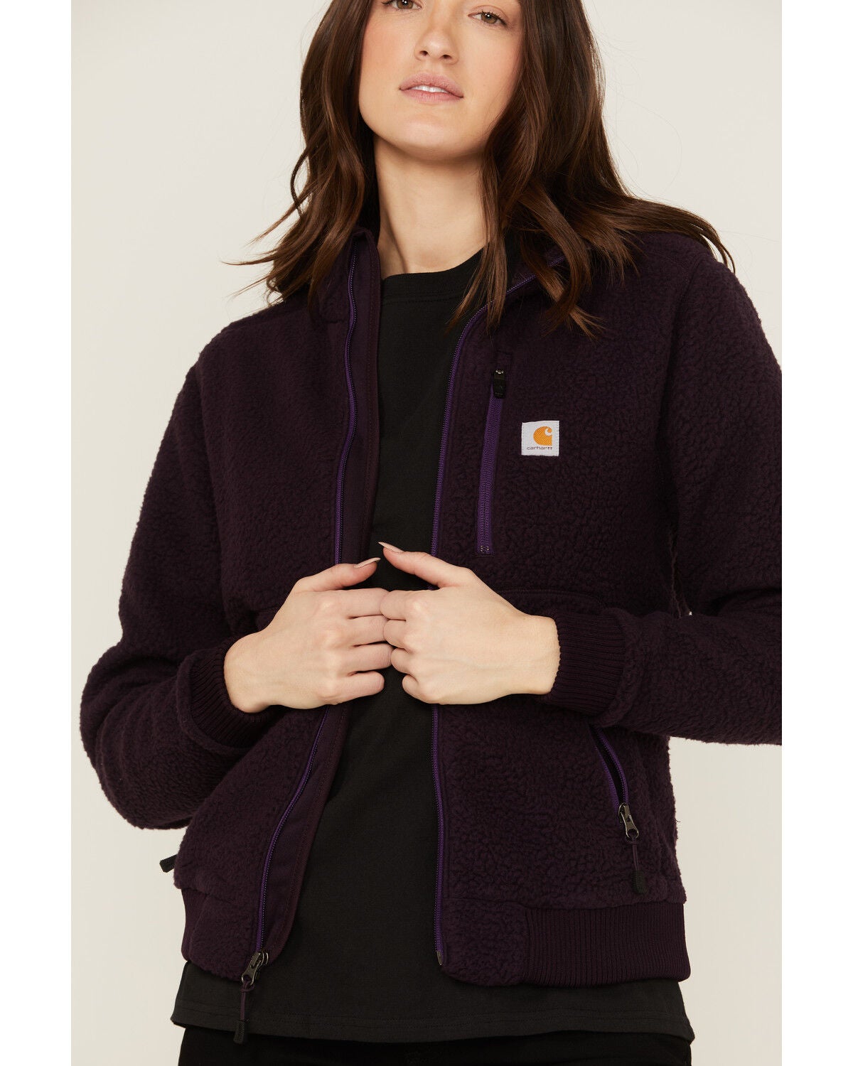 Image #3 - Carhartt Women's Solid Purple Relaxed Fit Zip-Front Sherpa Fleece Work Jacket, Plum, hi-res