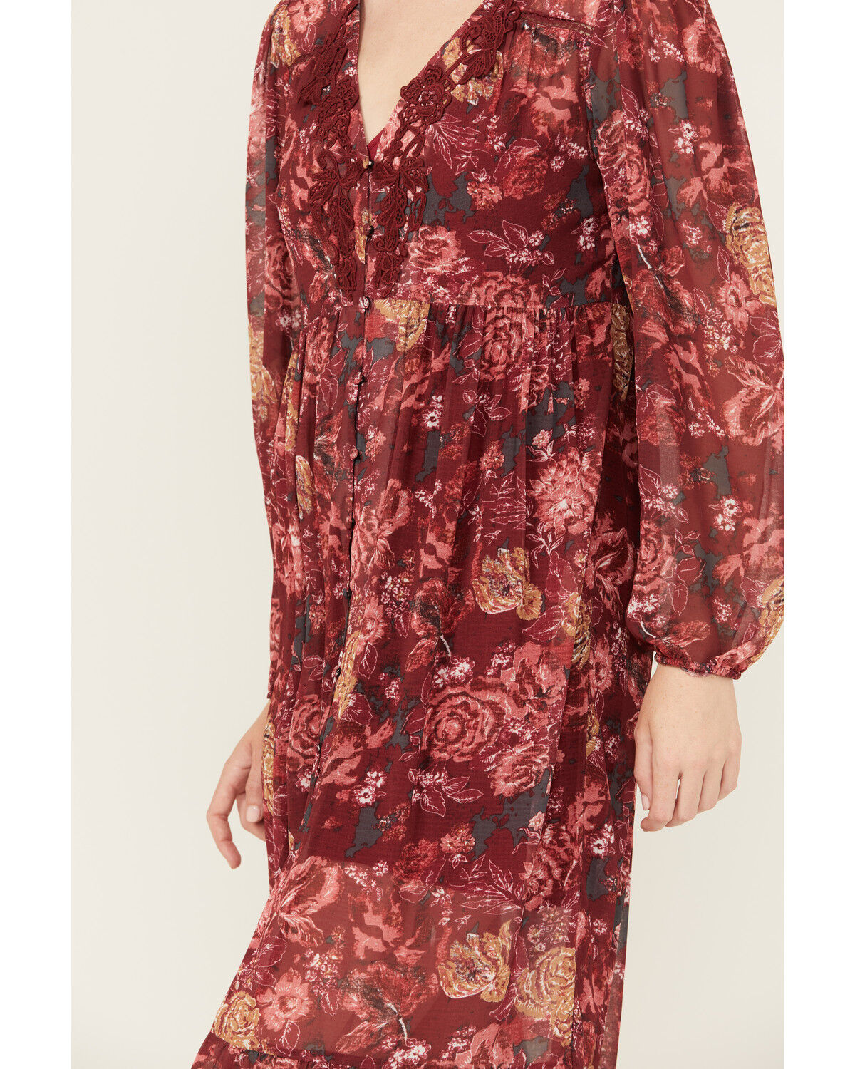Image #3 - Beyond The Radar Women's Floral Print Crochet Trim Midi Dress, Multi, hi-res