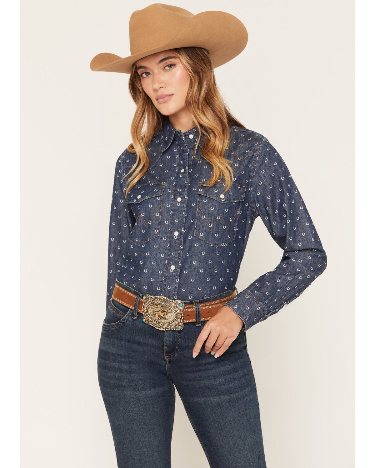 Wrangler Retro Women's Dark Wash Horseshoe Print Denim Long Sleeve Snap Western Shirt, Dark Wash, hi-res