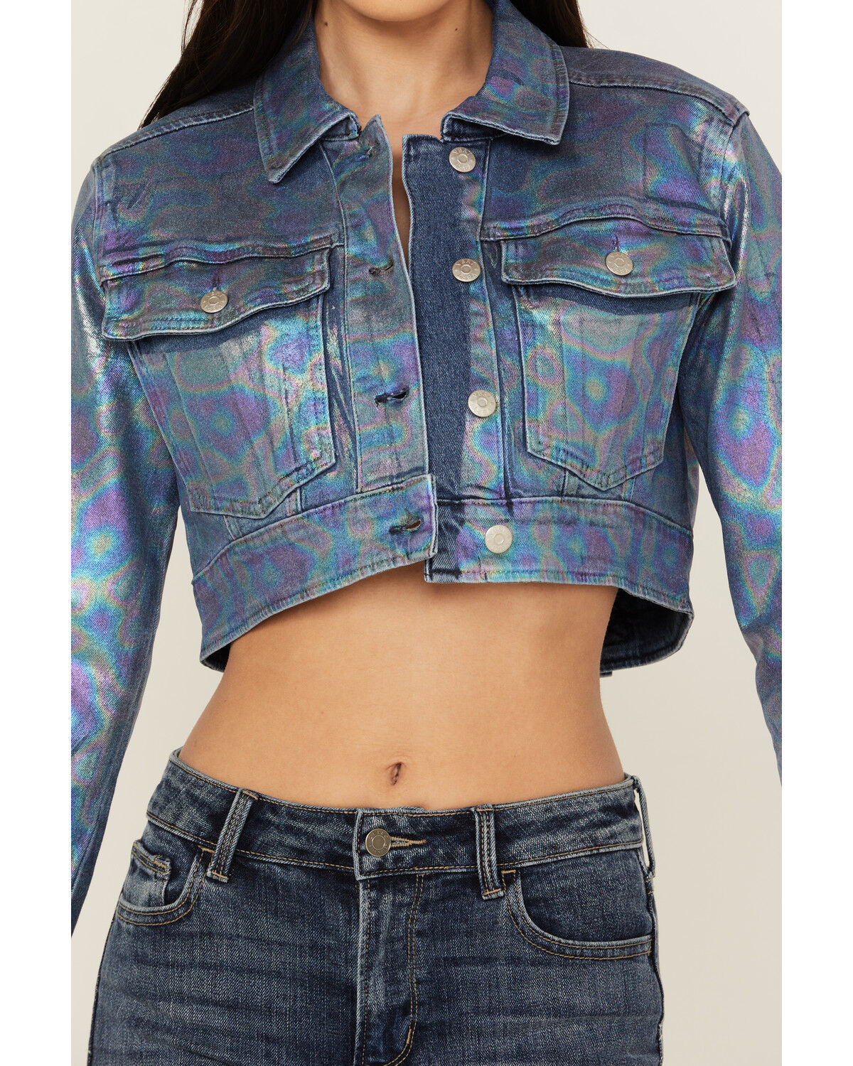 Image #3 - Vibrant Denim Women's Holographic Cropped Denim Jacket, Dark Wash, hi-res