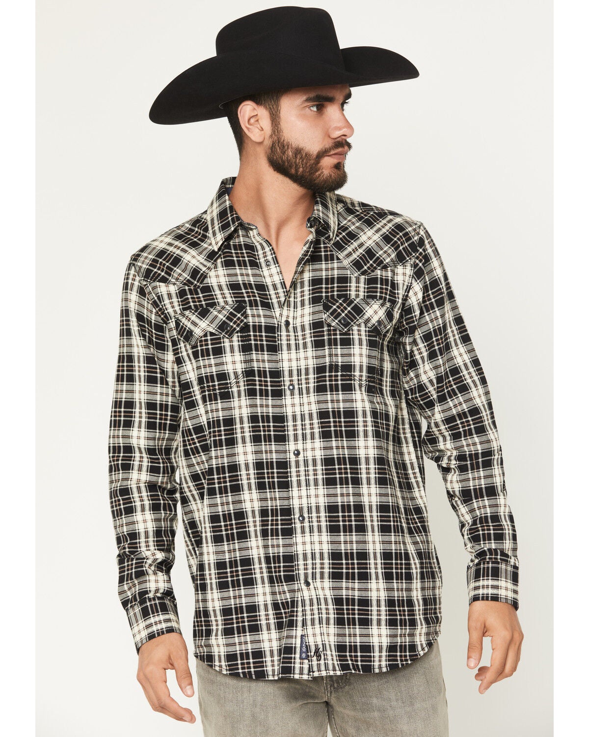 Image #1 - Moonshine Spirit&reg; Men's Viper Dobby Plaid Print Long Sleeve Snap Western Shirt, Black, hi-res