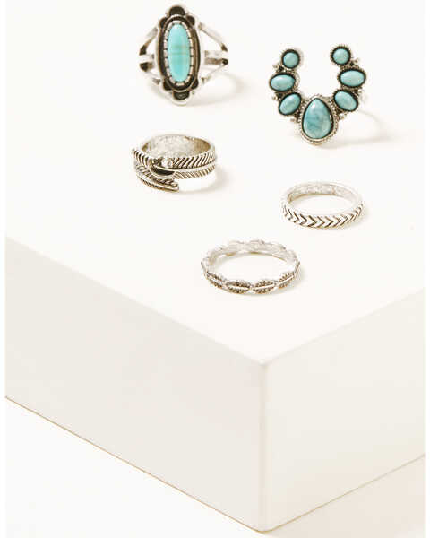 Image #1 - Shyanne Women's Silver & Turquoise Squash Blossom 5-piece Ring Set, Silver, hi-res