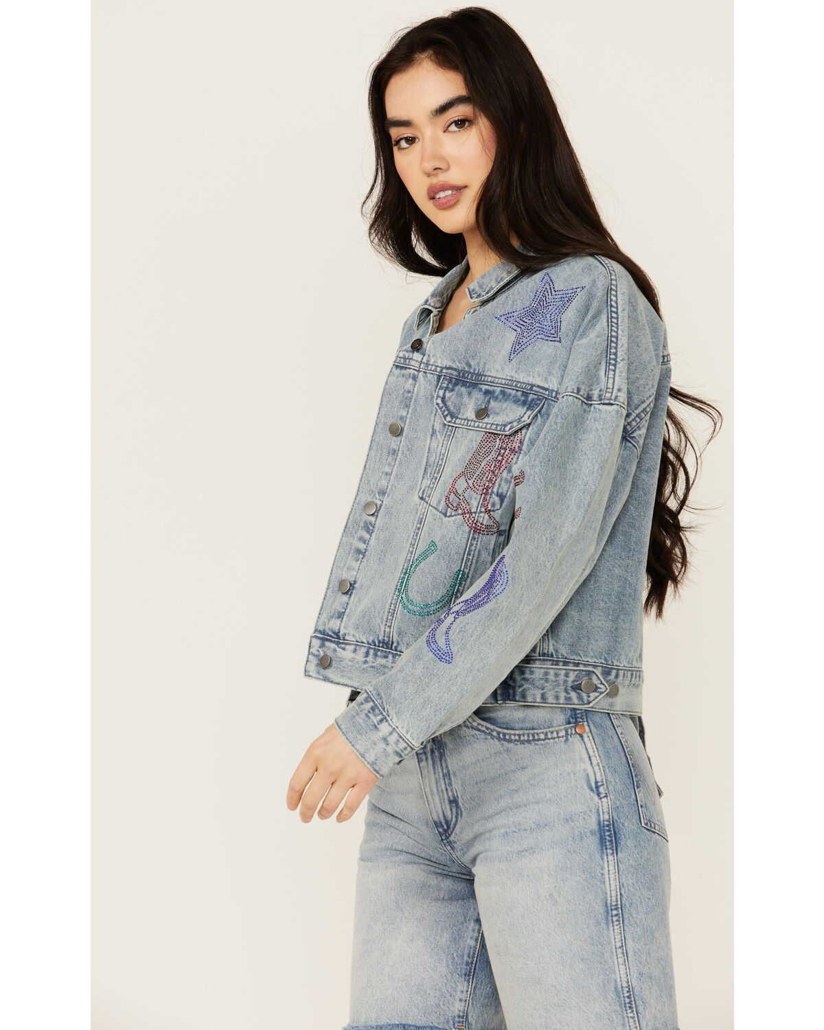 Image #2 - Rock & Roll Denim Women's Light Wash Rhinestone Embellished Denim Jacket, Light Wash, hi-res