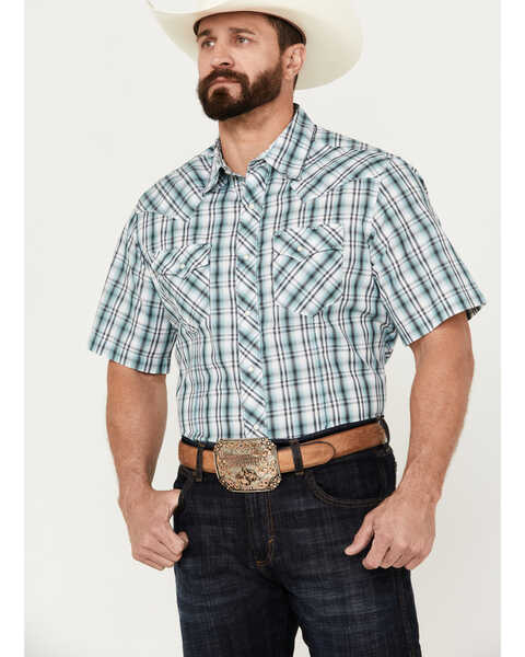 Wrangler Men's Plaid Print Short Sleeve Snap Western Shirt, Teal, hi-res