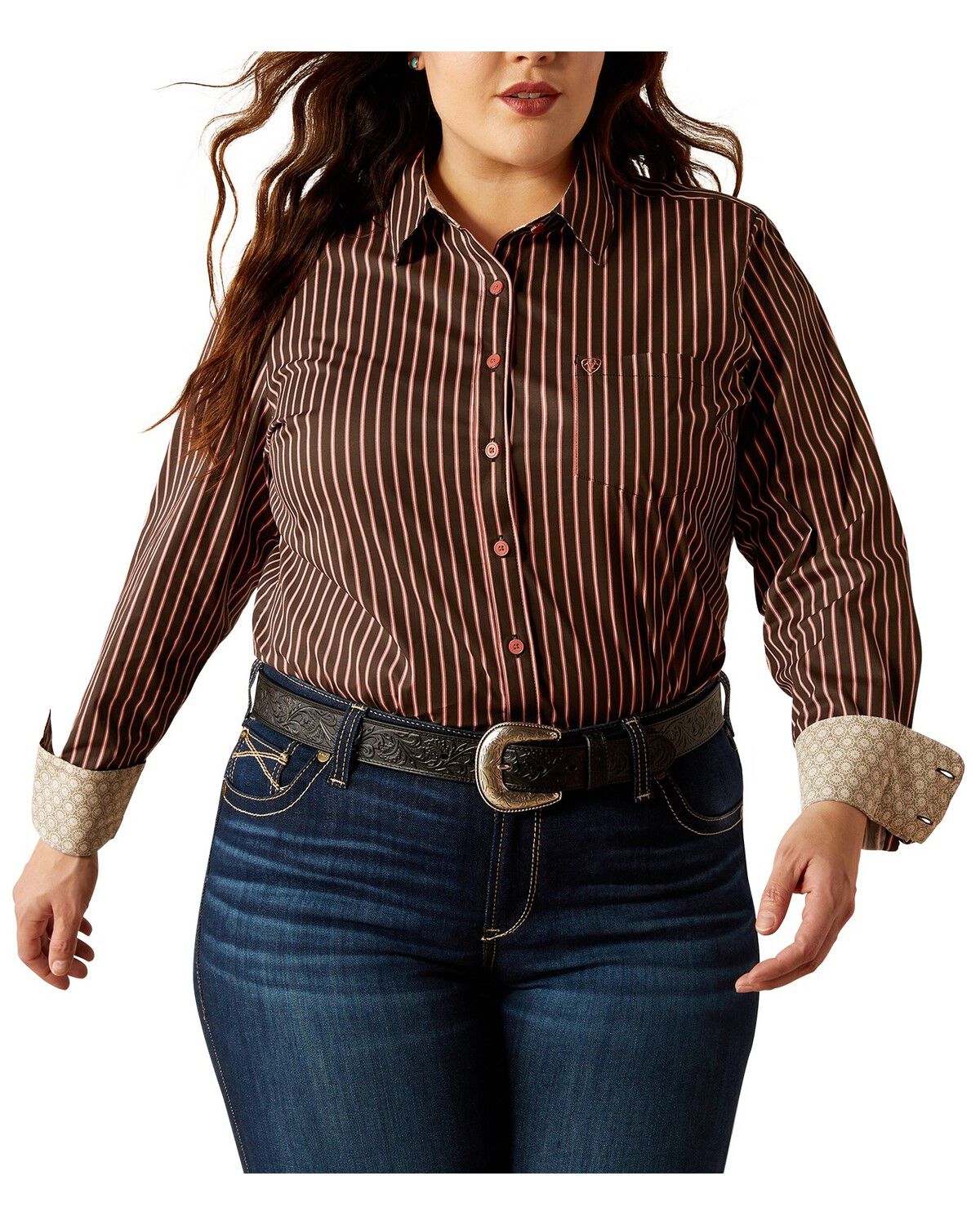 Image #1 - Ariat Women's Kirby Striped Long Sleeve Button-Down Stretch Western Shirt - Plus, Brown, hi-res