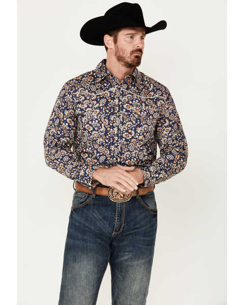 Cowboy Hardware Men's Paisley Print Long Sleeve Pearl Snap Western Shirt, Navy, hi-res