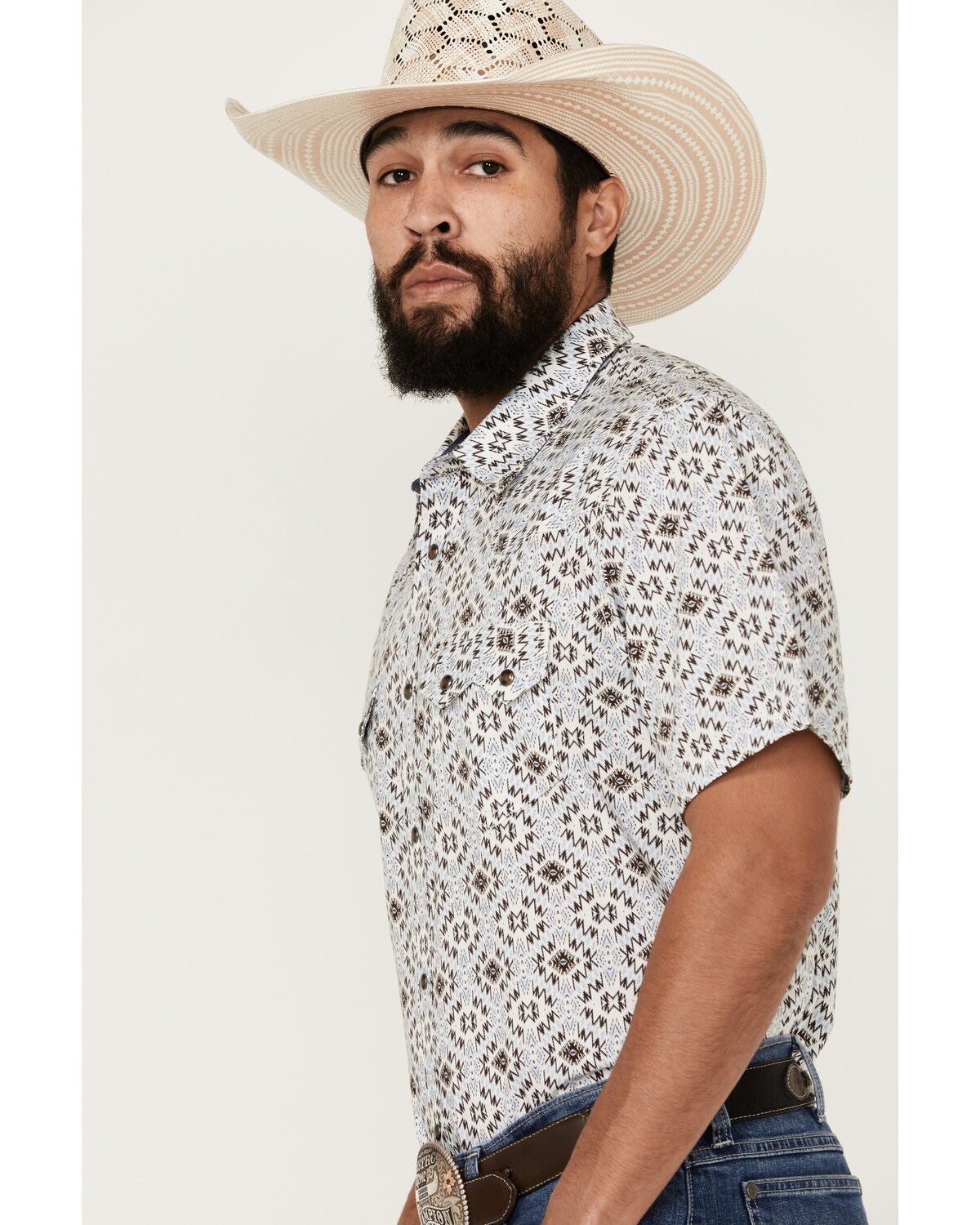Image #2 - Cody James Men's High Plains Southwestern Print Short Sleeve Snap Western Shirt, Light Blue, hi-res